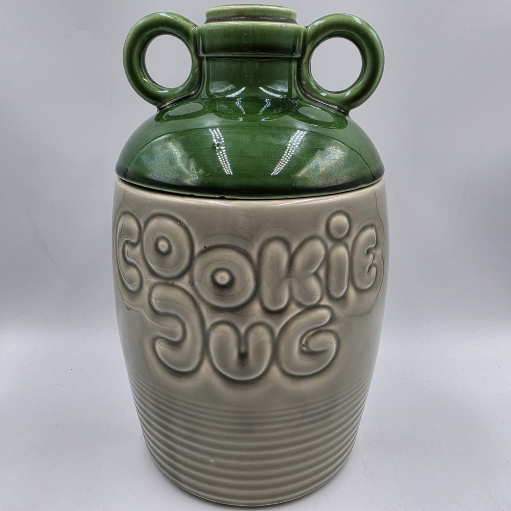 Vintage McCoy Pottery Cookie Jug Jar 213 USA Green Gray Moonshine Whiskey 11"